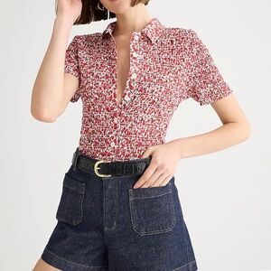 J. Crew Red and White Smocked Short Sleeve Collared Top
